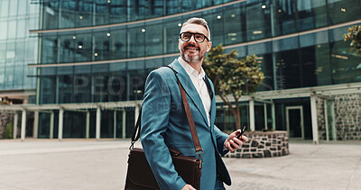 Buy stock photo Phone, business man and walking in city for travel with law career, internet or network connection. Happy, male lawyer or online for legal advice, mobile app or thinking of plea deal success outdoor