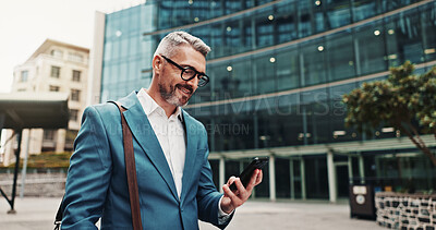 Buy stock photo Business man, phone and walking in city for travel with law career, internet or network connection. Mature lawyer online for typing legal advice, mobile app or text contact for plea deal outdoor