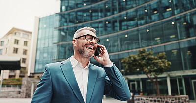 Buy stock photo City, phone call and business man laugh for funny conversation, joke and talking on commute. Professional, corporate and happy person on smartphone for communication, networking and chat in town