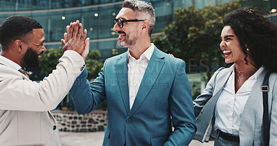 Buy stock photo Business people, high five and team outdoor to celebrate success, legal win or deal. Happy men, woman or excited lawyers together for friendship, partnership or gesture for promotion or growth