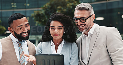 Buy stock photo Collaboration, colleagues and people with tablet, outdoor and real estate agent with tech for business. Teamwork, employees and group with website for property, info and discussion for market trends