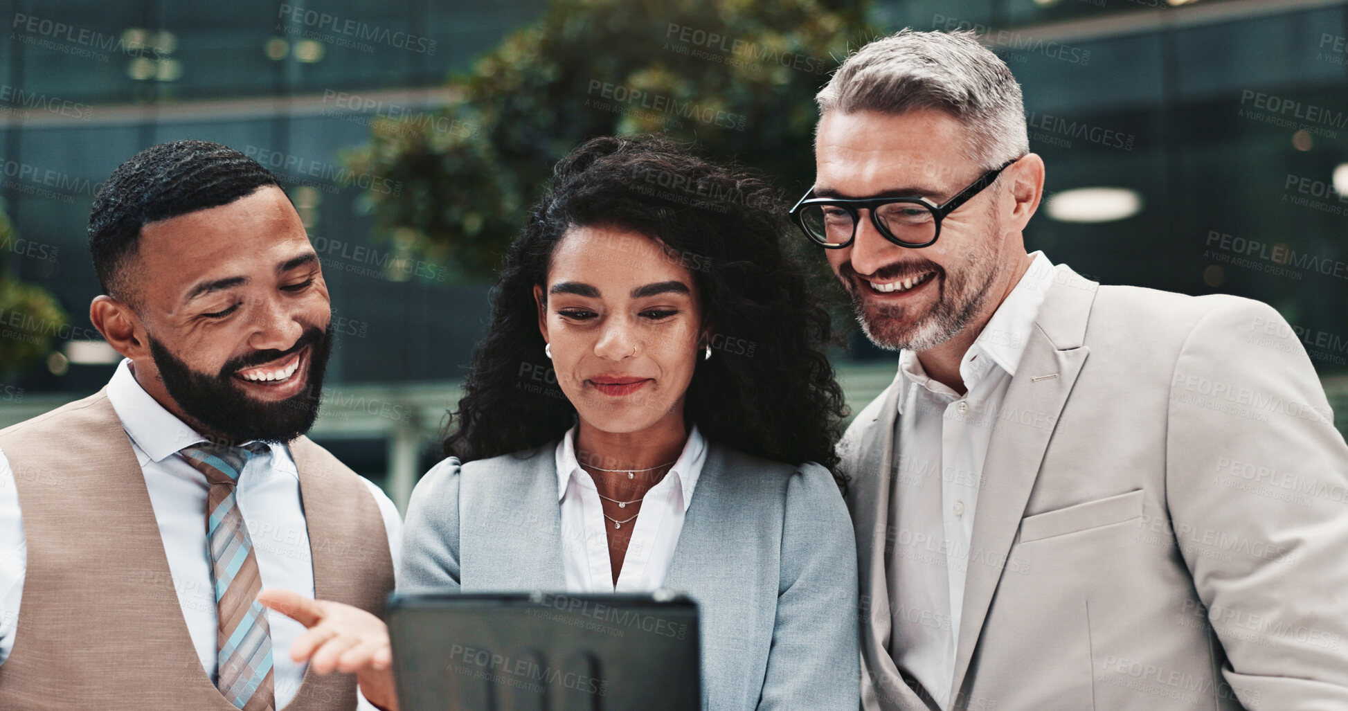 Buy stock photo Collaboration, colleagues and people with tablet, outdoor and real estate agent with tech for business. Teamwork, employees and group with website for property, info and discussion for market trends