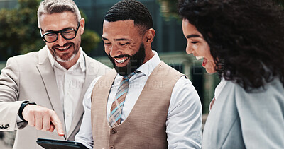 Buy stock photo Collaboration, city and people with tablet, outdoor and real estate agent with website for business. Teamwork, colleagues and group with tech for property, pointing and discussion for market trends