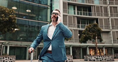 Buy stock photo Phone call, luggage and businessman in city for travel, conversation or flight schedule update. Mature person, suitcase and mobile for communication, business trip and thinking of job opportunity