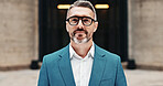 Banker, mature or businessman in city with portrait, corporate career or finance experience. Outdoor, financial advisor or serious investment broker with confidence, mission or opportunity in England