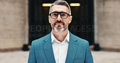 Buy stock photo Banker, mature or businessman in city with portrait, corporate career or finance experience. Outdoor, financial advisor or serious investment broker with confidence, mission or opportunity in England