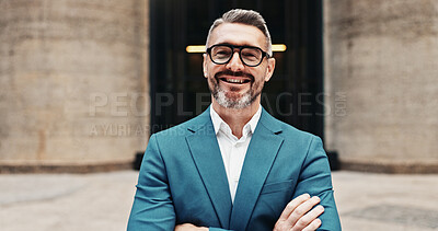 Buy stock photo Smile, mature or businessman in portrait with arms crossed, corporate career or finance experience. Outdoor, financial advisor or investment broker with confidence, mission or opportunity in England