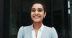 Banker, smile or businesswoman in city with confidence, corporate career or finance experience. Portrait, financial advisor or proud investment broker in street for commute or opportunity in London