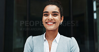 Buy stock photo Banker, smile or businesswoman in city with confidence, corporate career or finance experience. Happy, financial advisor or proud investment broker in street for portrait or opportunity in London