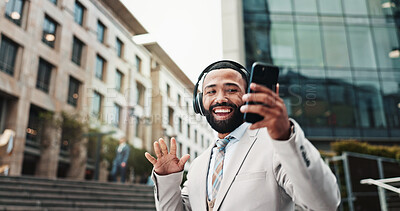Buy stock photo Dancing, business man and phone with headphones in city for audio playlist, music track and streaming sound. Professional, person and listening to radio for work break, online subscription and energy
