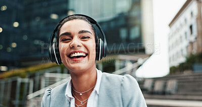 Buy stock photo Business, woman and happy with headphones in city for music playlist, morning commute and streaming audio. Professional, person and laughing outdoor for comedy podcast, sound and listening to radio
