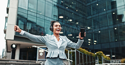 Buy stock photo Woman, phone and dancing with headphones in city for music, work break and streaming audio. Business, happy person and energy with singing for sound subscription, celebration and radio app outdoor