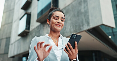 Buy stock photo Business woman, phone and walking in city for travel with communication, internet or connection. Happy corporate worker online for social media networking, mobile app or text contact for deal outdoor