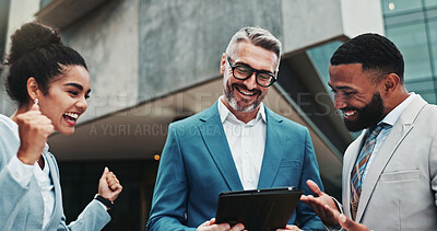 Buy stock photo Celebration, excited and people with tablet, outdoor and real estate agent with tech, city and business. Teamwork, colleagues and group with website for property, success and happy for achievement
