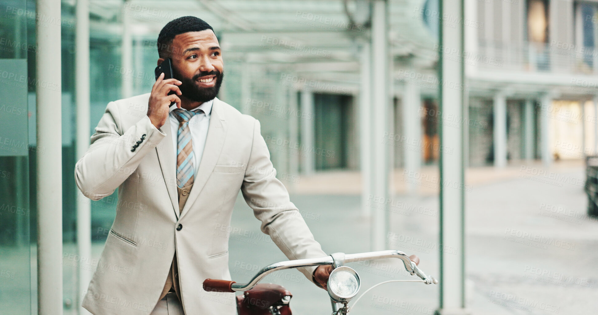 Buy stock photo Business man, phone call and bicycle in city for travel with carbon footprint, decarbonizing or connection. Cycling, sustainable and urban environment worker on smartphone networking outdoor