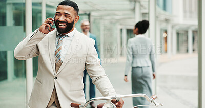 Buy stock photo Bicycle, phone call and business man in city for travel with carbon footprint, decarbonizing or network. Cycling, sustainable and urban environment worker laugh on smartphone for funny talk outdoor