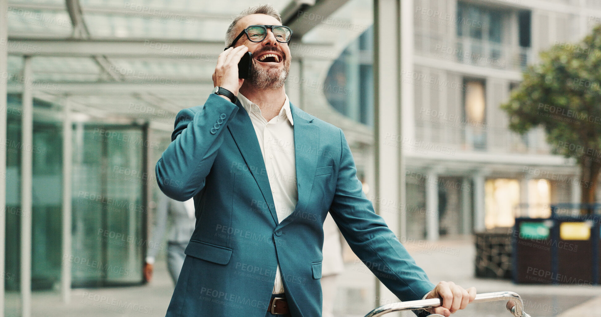 Buy stock photo Laughing, phone call and business man in city for travel with carbon footprint, bicycle or network. Cycling, sustainable and happy mature worker on smartphone for funny talk or good news outdoor