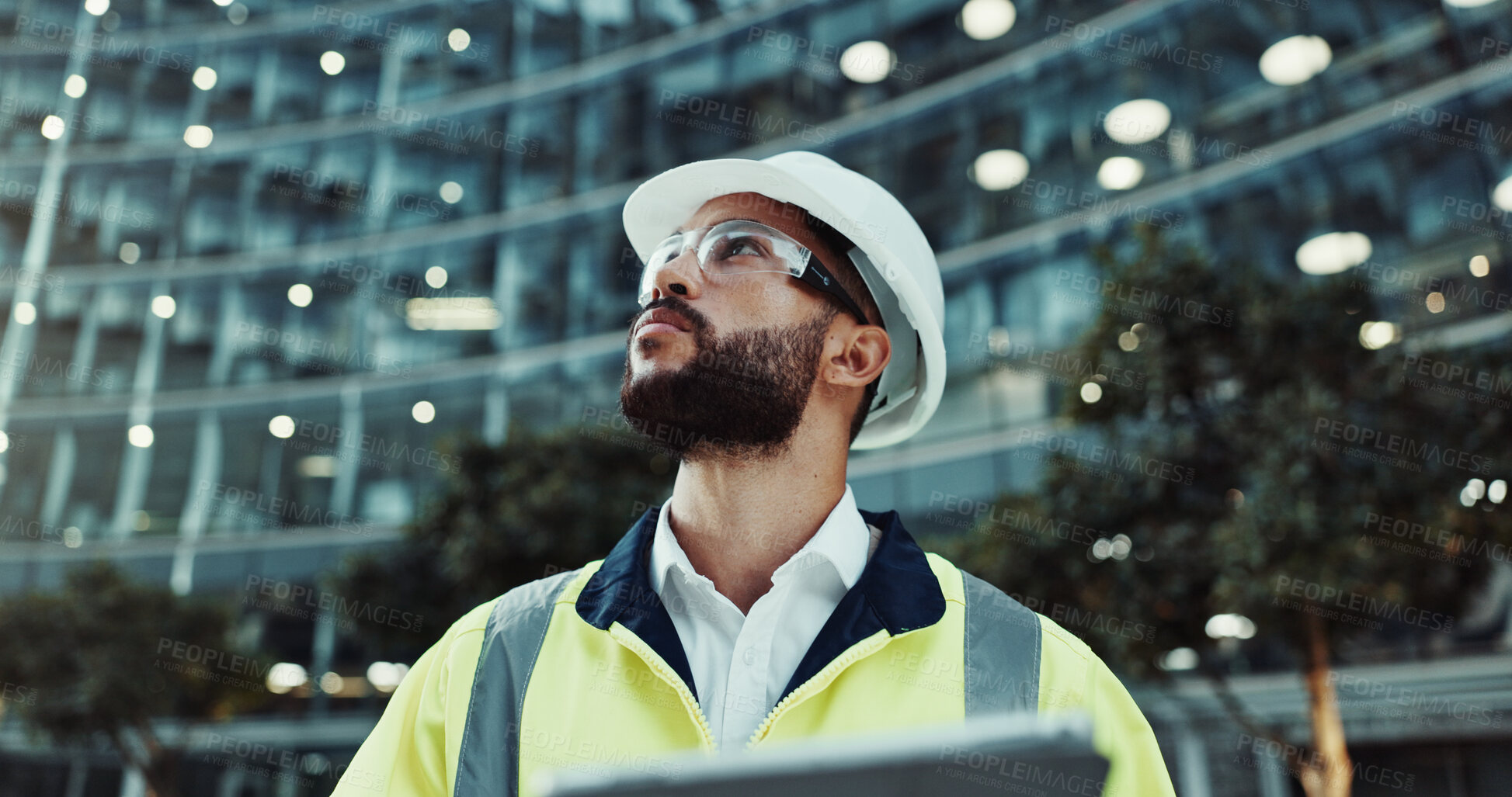 Buy stock photo Tablet, engineer thinking and man in city for construction, planning and low angle at dawn. Technology, building and architect outdoor for maintenance decision, safety inspection or problem solving