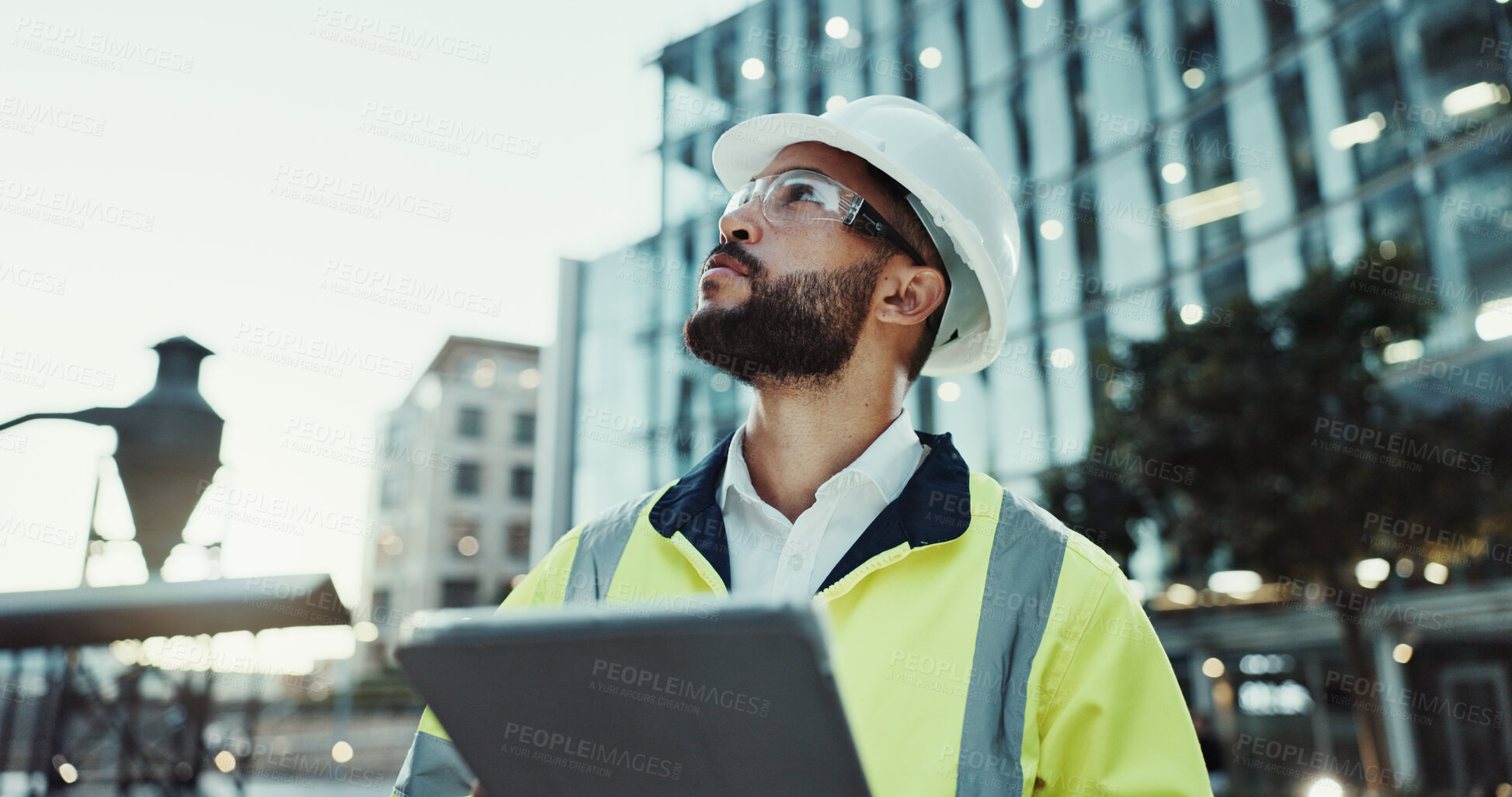 Buy stock photo Tablet, engineer thinking and man in city for building, planning and development at dawn. Technology, construction and architect outdoor for maintenance decision, safety inspection or problem solving
