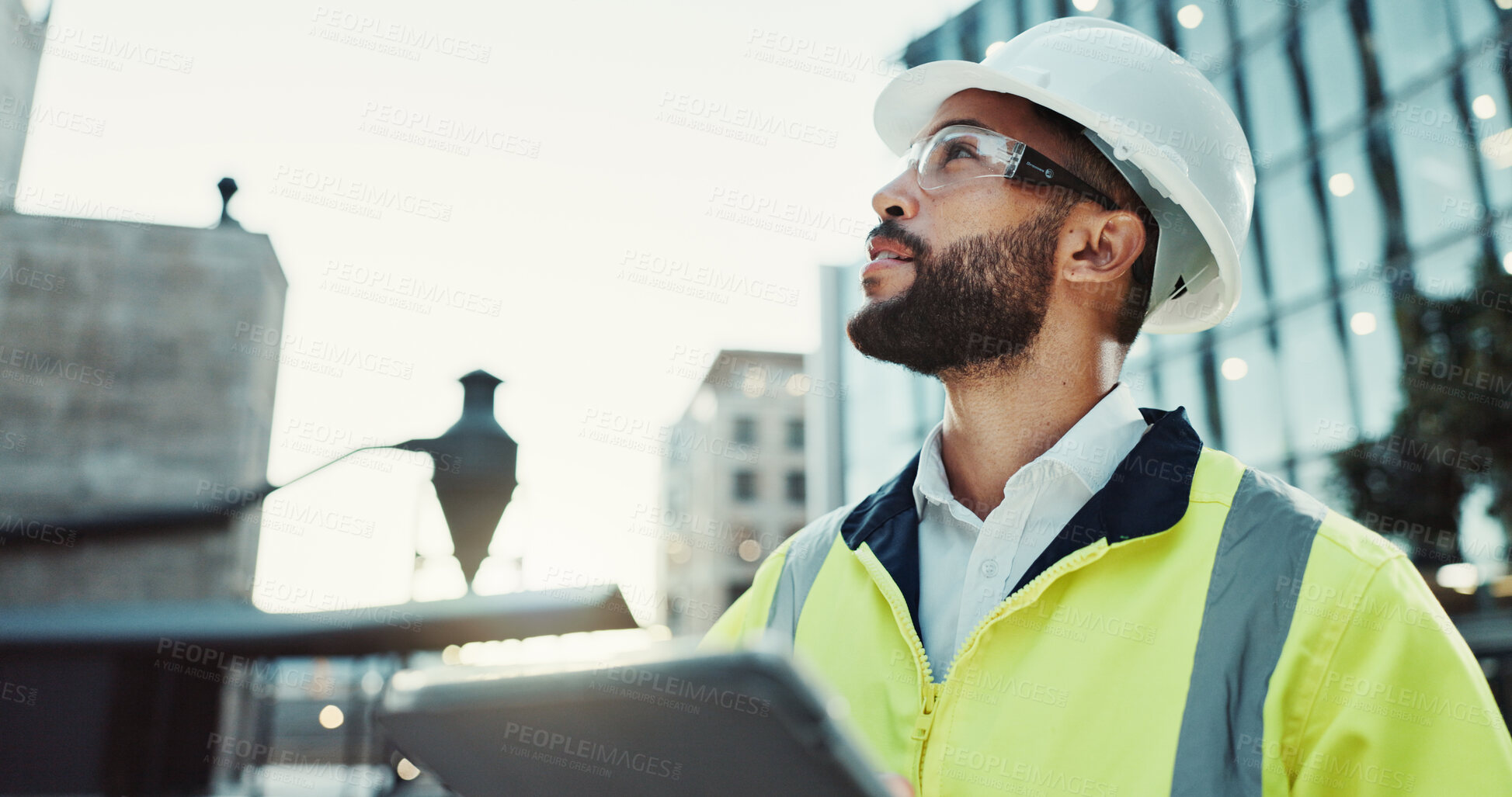 Buy stock photo Tablet, engineer planning and man in city for building, thinking and development at dawn. Technology, construction and architect outdoor for maintenance decision, safety inspection or problem solving