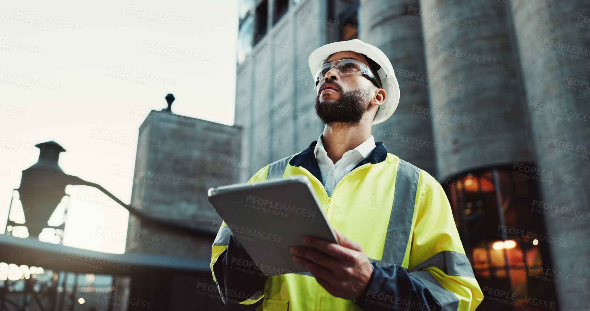 Buy stock photo Tablet, architect planning and man outdoor for construction, thinking and low angle at dawn. Technology, building and engineer in city for maintenance decision, safety inspection or problem solving