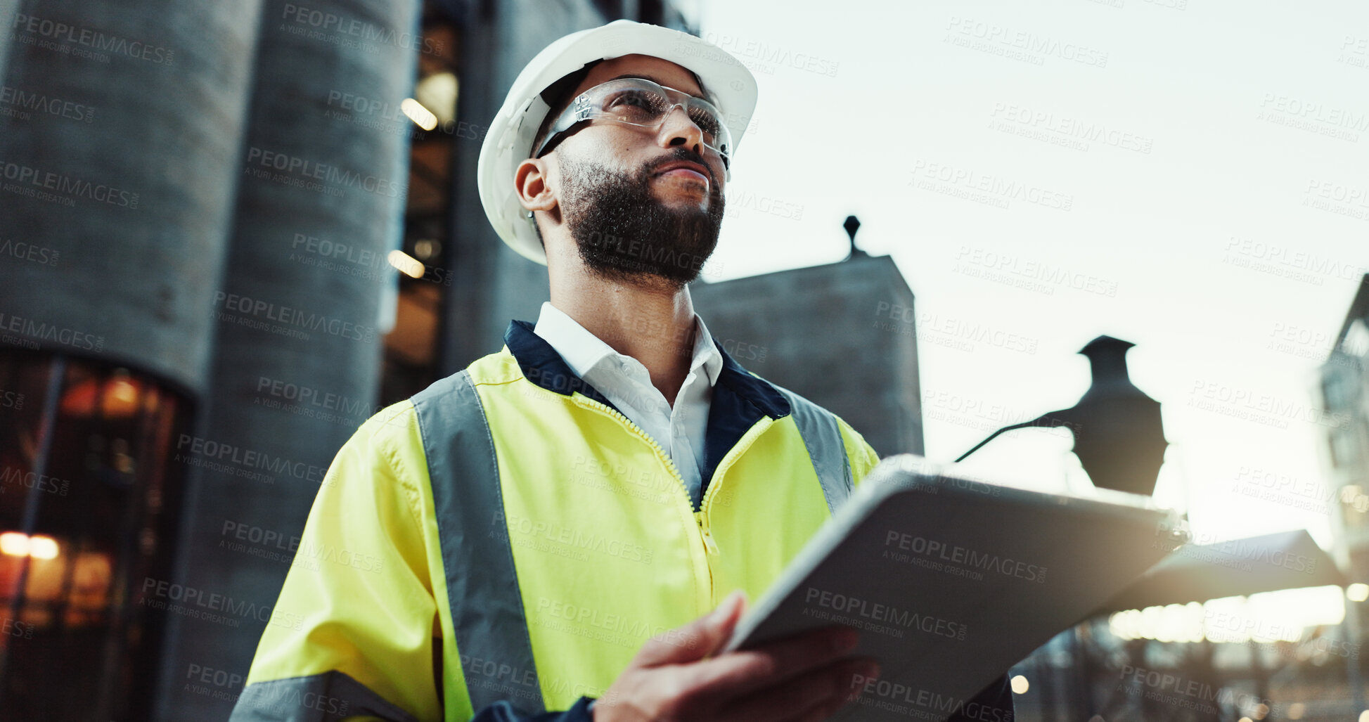 Buy stock photo Tablet, engineer thinking and man outdoor for construction, planning and development at dawn. Technology, building and architect in city for maintenance decision, safety inspection or problem solving