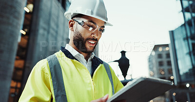 Buy stock photo Tablet, civil engineer and happy man outdoor for construction, development or planning at dawn. Technology, building and architect in city for maintenance, safety inspection or industrial project