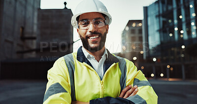 Buy stock photo Man, engineer and smile in city with arms crossed for urban expansion, construction or building development. Person, architect and portrait in street, project or infrastructure inspection in Colombia
