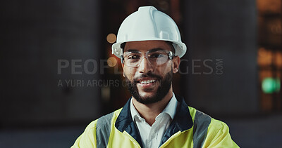 Buy stock photo Man, engineer and smile in city with helmet for urban expansion, construction or portrait at night. Person, architect and confidence in street, property and infrastructure inspection in Costa Rica