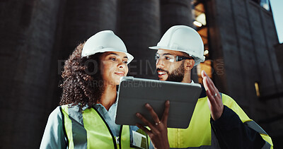Buy stock photo Man, woman and engineer on tablet in city, smile or planning for urban expansion at construction site. People, architect and touchscreen at night, team and app for infrastructure inspection in Brazil