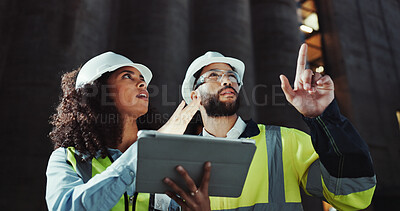 Buy stock photo Woman, man and construction worker on tablet with review, point or planning for urban expansion in city People, architect and application at night, property or infrastructure inspection in Costa Rica