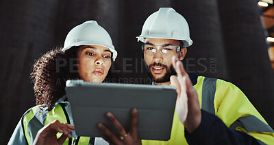 Buy stock photo Woman, man and construction worker on tablet with planning, review and discussion for urban expansion in city People, architect and app at night, property and infrastructure inspection in Colombia
