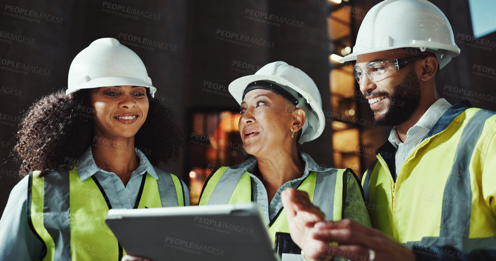 Buy stock photo Night, engineering and people with tablet, teamwork and conversation with digital app for schedule. Group, manager and employees with tech, evening and online planning for construction and discussion