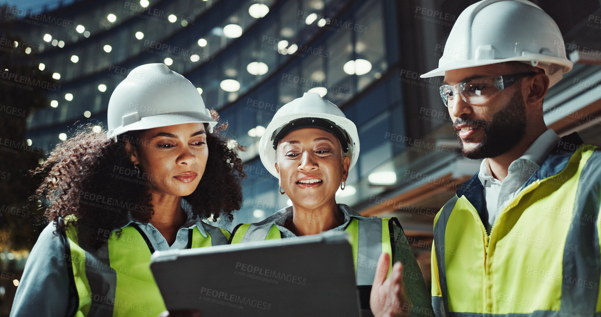 Buy stock photo Night, engineering and people with tablet, discussion and cooperation with digital app for schedule. Group, checklist and employees with tech, evening and online planning for construction or feedback