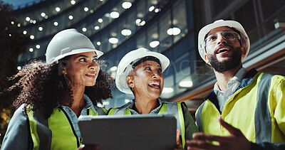 Buy stock photo Night, engineering and people with tablet, smile and conversation with app for inspection. Architecture, teamwork and employees with tech, evening and online planning for building project and below