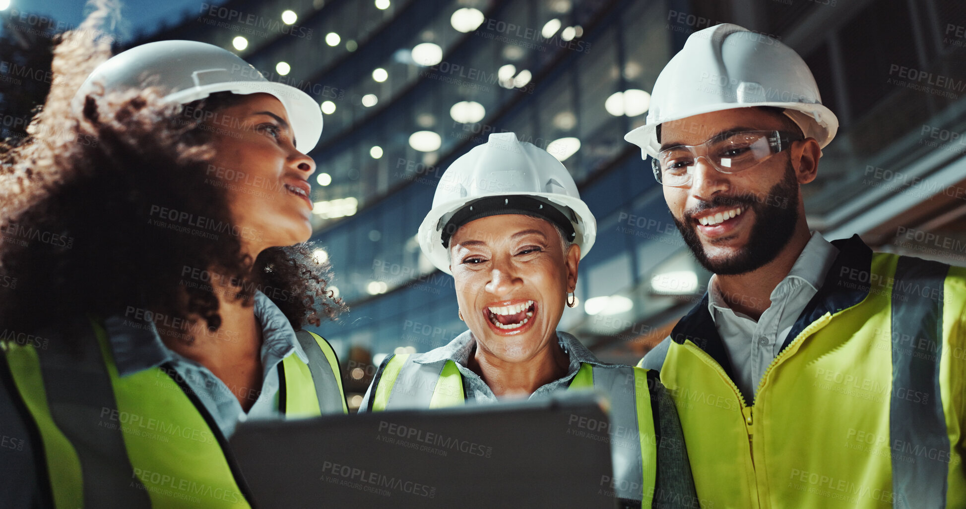 Buy stock photo Night, engineering and people with tablet, humor and conversation with digital app for schedule. Group, laughing and employees with tech, evening and online planning for construction, smile and funny