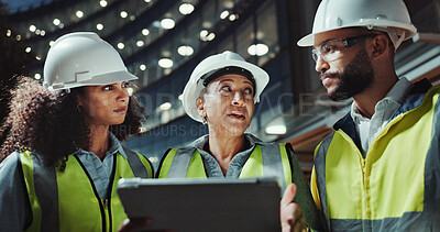 Buy stock photo Night, engineering and people with tablet, talking and conversation with digital app for checklist. Group, safety or employees with tech, evening or online planning for construction and collaboration