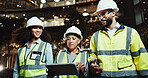 People, engineer and tablet with team in city for planning, review and happy with blueprint for project at night. Women, man and architect with touchscreen, app and building inspection in urban town