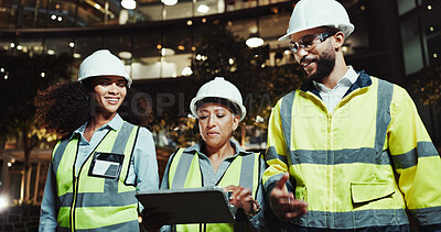Buy stock photo People, engineer and tablet with team in city for planning, review and happy with blueprint for project at night. Women, man and architect with touchscreen, app and building inspection in urban town