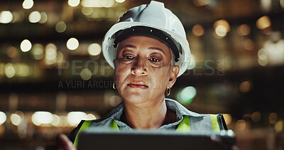 Buy stock photo Architecture, mature and woman on tablet for city development, construction site or planning. Night, bokeh or engineering compliance in urban town for building progress, safety inspection or project