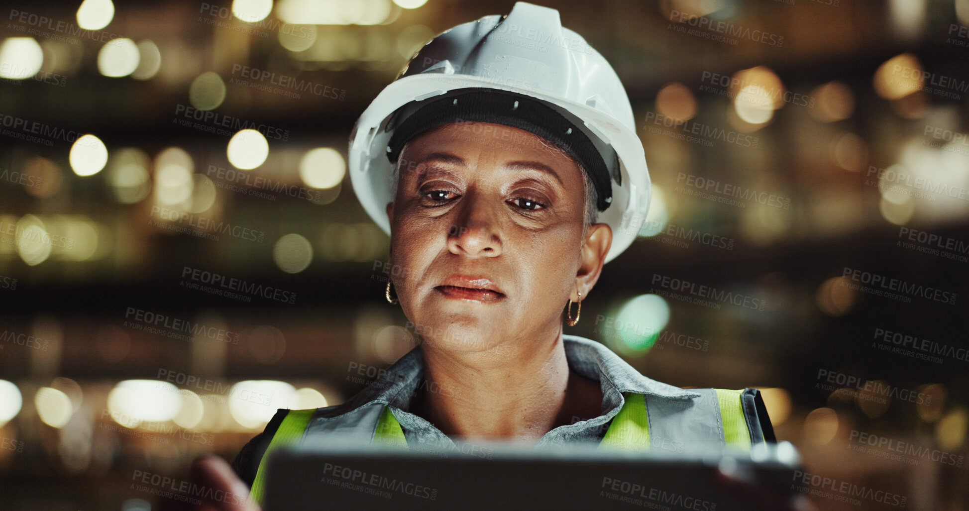Buy stock photo Architecture, mature and woman on tablet for city development, construction site or planning. Night, bokeh or engineering compliance in urban town for building progress, safety inspection or project