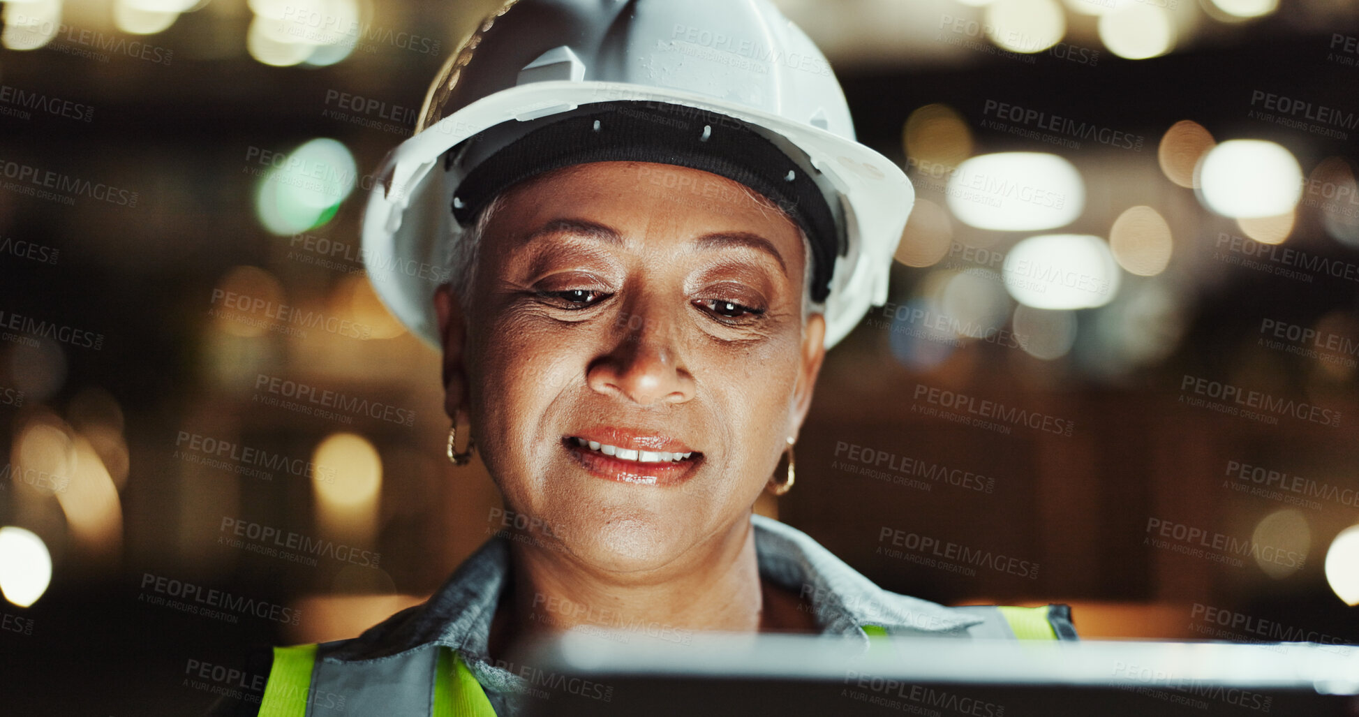 Buy stock photo Architecture, construction and woman on tablet for city development, review and planning. Night, bokeh or engineering compliance in urban town for building progress, safety inspection and project