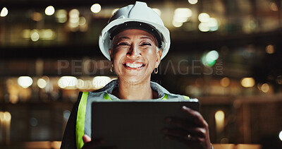 Buy stock photo Portrait, engineering or happy woman on tablet for urban development, construction site or planning. Night, bokeh or mature engineer in city for building progress, safety inspection or project update