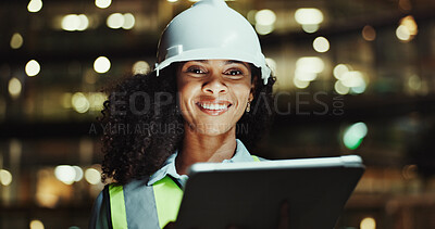 Buy stock photo Tablet, architect and portrait of happy woman in city for construction project or development at night. Technology, building and African civil engineer outdoor for maintenance, bokeh or safety helmet