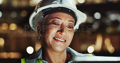 Buy stock photo Contractor, engineering or happy woman on tablet for city development, construction site or planning. Night, bokeh or mature engineer in urban town for building progress, safety inspection or project