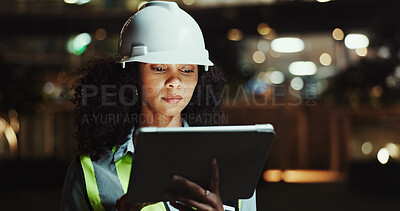 Buy stock photo Tablet, engineer and woman in city for development, construction and planning at night. Serious African architect, building and outdoor for maintenance, safety inspection and infrastructure project