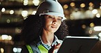 Tablet, engineer and woman outdoor for development, construction and planning at night. Technology, building and African architect in city for maintenance, safety inspection or industrial project