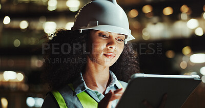 Buy stock photo Tablet, engineer and woman outdoor for development, construction and planning at night. Technology, building and African architect in city for maintenance, safety inspection or industrial project