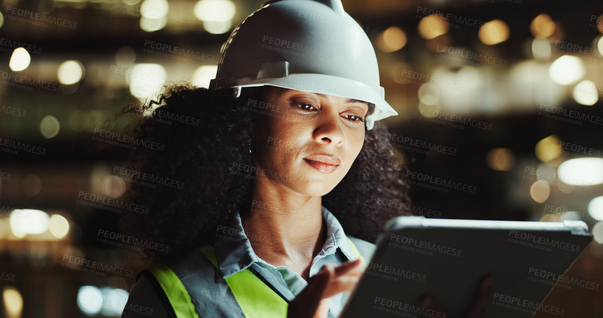 Buy stock photo Tablet, engineer and woman outdoor for development, construction and planning at night. Technology, building and African architect in city for maintenance, safety inspection or industrial project
