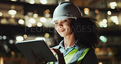 Buy stock photo Tablet, engineer and happy woman outdoor for development, construction or planning at night. Technology, building or African architect in city for maintenance, safety inspection or industrial project